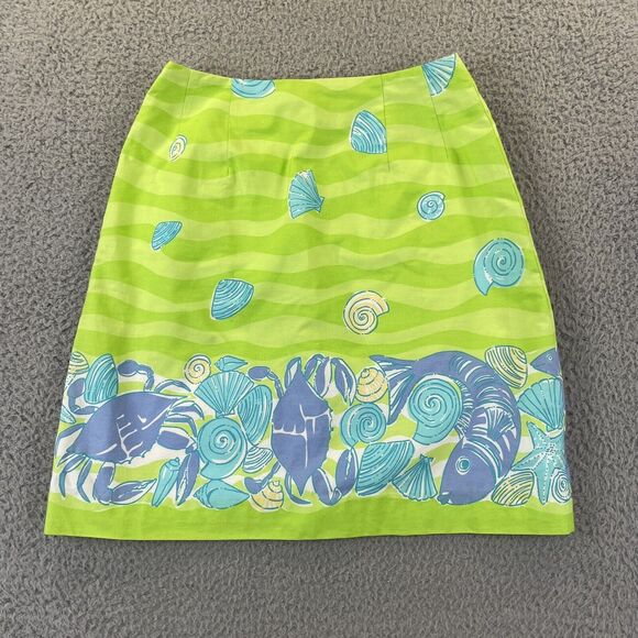 Lilly Pulitzer Skirt 0P Beachy Seashell Crab Print A-Line Skirt Green Blue VTG - Picture 1 of 11
